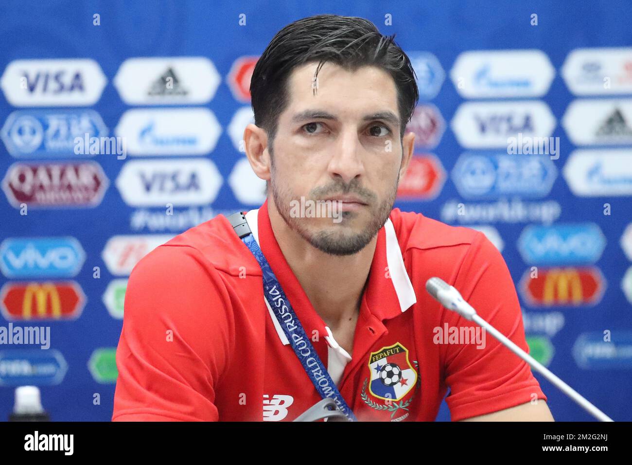 Panama's Jaime Penedo pictured during a press conference of the Panama national soccer team in Sochi, Russia, Sunday 17 June 2018. The team is preparing for their first game at the FIFA World Cup 2018 against Belgian national soccer team the Red Devils tomorrow. BELGA PHOTO BRUNO FAHY Stock Photo