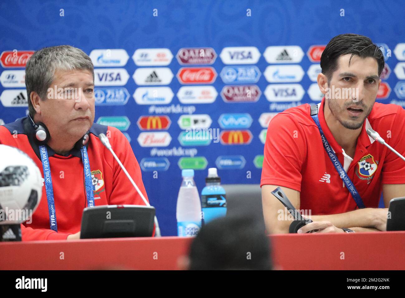 Panama's Head Coach Hernan Gomez and Panama's Jaime Penedo pictured during a press conference of the Panama national soccer team in Sochi, Russia, Sunday 17 June 2018. The team is preparing for their first game at the FIFA World Cup 2018 against Belgian national soccer team the Red Devils tomorrow. BELGA PHOTO BRUNO FAHY Stock Photo