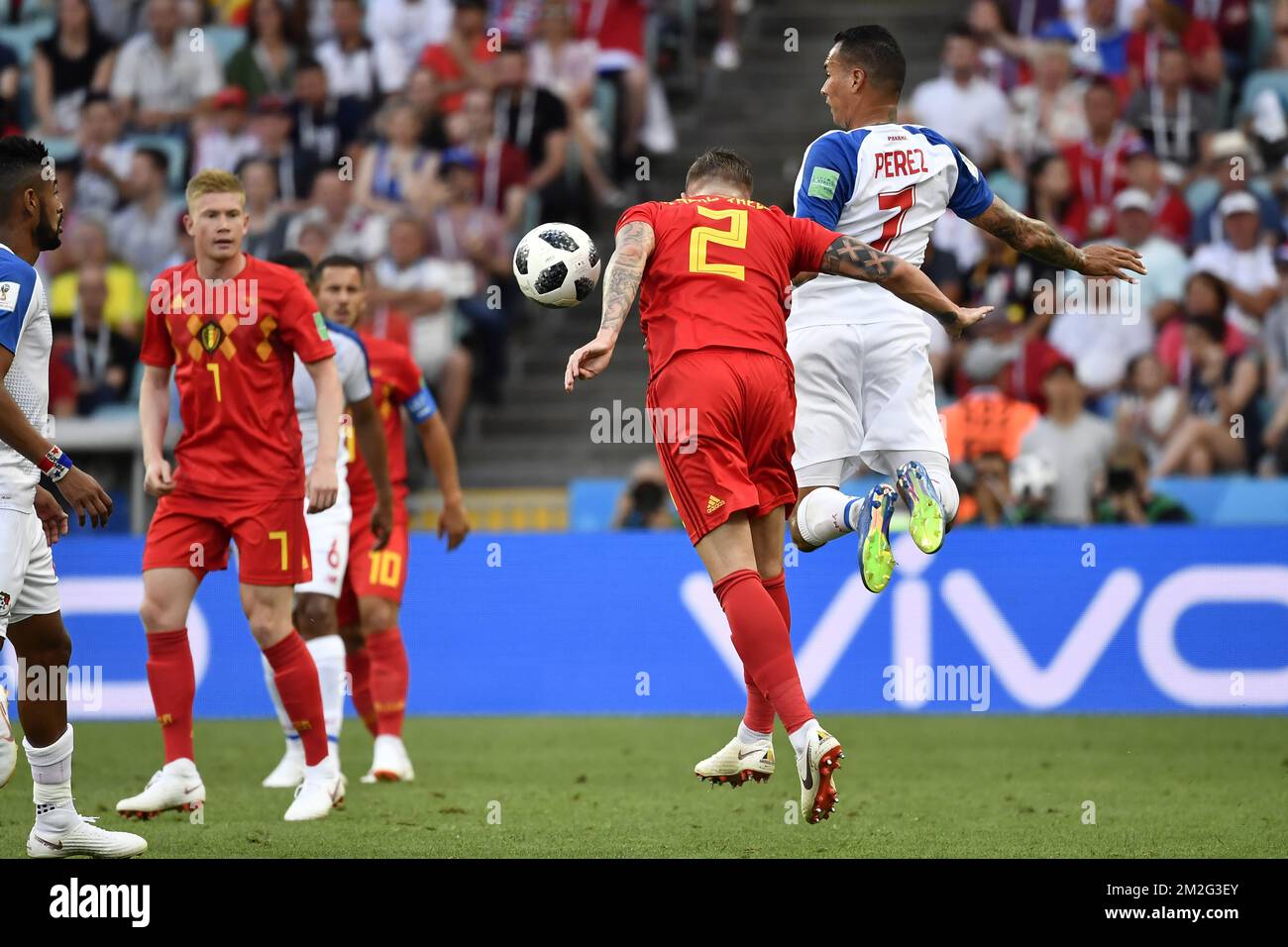 Belgium's Toby Alderweireld and Panama's Blas Perez fight for the ball during the first round soccer match between Belgian national soccer team the Red Devils and Panama in Group G of the FIFA World Cup 2018, in Sochi, Russia, Monday 18 June 2018. BELGA PHOTO DIRK WAEM Stock Photo