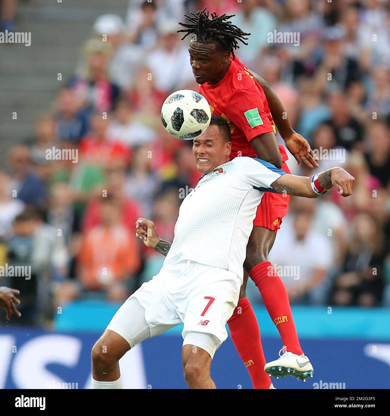 Panama's Blas Perez and Belgium's Dedryck Boyata fight for the ball during the first round soccer match between Belgian national soccer team the Red Devils and Panama in Group G of the FIFA World Cup 2018, in Sochi, Russia, Monday 18 June 2018. BELGA PHOTO BRUNO FAHY Stock Photo