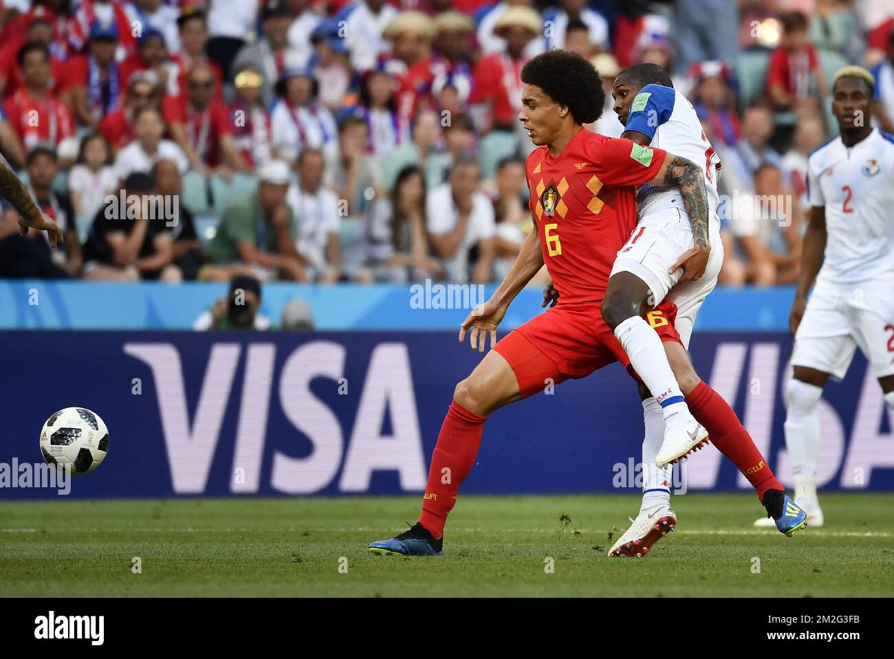 Belgium's Axel Witsel and Panama's Armando Cooper fight for the ball during the first round soccer match between Belgian national soccer team the Red Devils and Panama in Group G of the FIFA World Cup 2018, in Sochi, Russia, Monday 18 June 2018. BELGA PHOTO DIRK WAEM Stock Photo