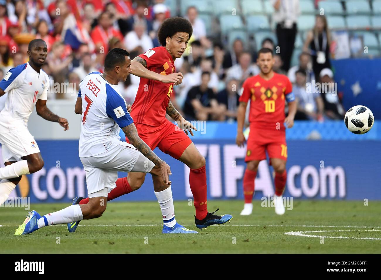 Panama's Blas Perez and Belgium's Axel Witsel fight for the ball during the first round soccer match between Belgian national soccer team the Red Devils and Panama in Group G of the FIFA World Cup 2018, in Sochi, Russia, Monday 18 June 2018. BELGA PHOTO DIRK WAEM Stock Photo