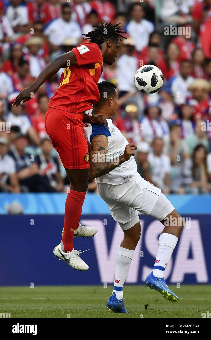 Belgium's Dedryck Boyata and Panama's Blas Perez fight for the ball during the first round soccer match between Belgian national soccer team the Red Devils and Panama in Group G of the FIFA World Cup 2018, in Sochi, Russia, Monday 18 June 2018. BELGA PHOTO DIRK WAEM Stock Photo