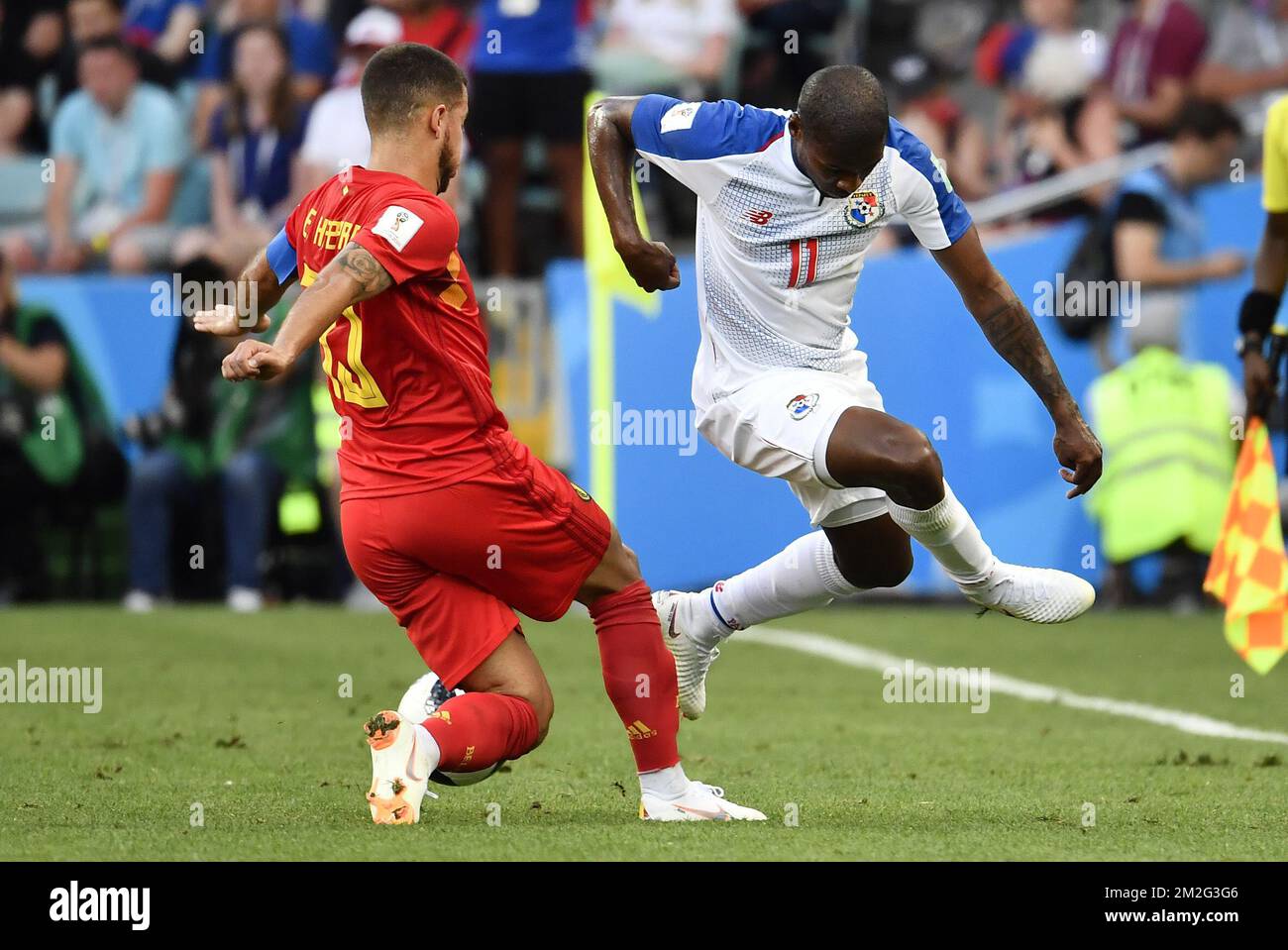 Belgium's Eden Hazard and Panama's Armando Cooper fight for the ball during the first round soccer match between Belgian national soccer team the Red Devils and Panama in Group G of the FIFA World Cup 2018, in Sochi, Russia, Monday 18 June 2018. BELGA PHOTO DIRK WAEM Stock Photo