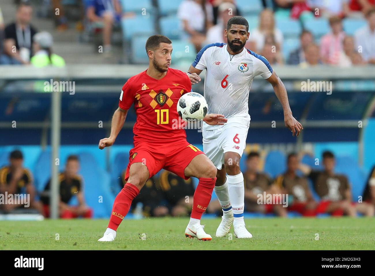 Belgium's Eden Hazard and Panama's Gabriel Gomez fight for the ball during the first round soccer match between Belgian national soccer team the Red Devils and Panama in Group G of the FIFA World Cup 2018, in Sochi, Russia, Monday 18 June 2018. BELGA PHOTO BRUNO FAHY Stock Photo