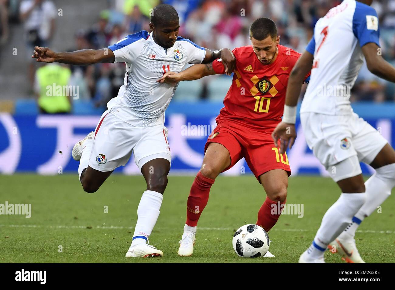 Panama's Armando Cooper and Belgium's Eden Hazard fight for the ball during the first round soccer match between Belgian national soccer team the Red Devils and Panama in Group G of the FIFA World Cup 2018, in Sochi, Russia, Monday 18 June 2018. BELGA PHOTO DIRK WAEM Stock Photo