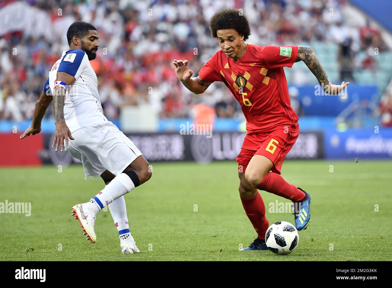 Panama's Gabriel Gomez and Belgium's Axel Witsel fight for the ball during the first round soccer match between Belgian national soccer team the Red Devils and Panama in Group G of the FIFA World Cup 2018, in Sochi, Russia, Monday 18 June 2018. BELGA PHOTO DIRK WAEM Stock Photo