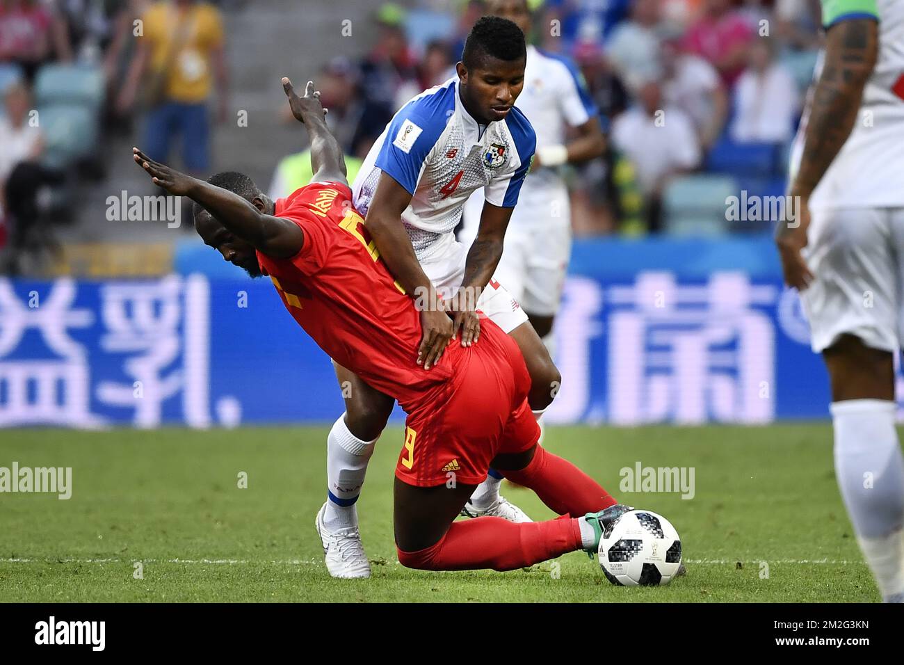 Belgium's Romelu Lukaku and Panama's Fidel Escobar fight for the ball during the first round soccer match between Belgian national soccer team the Red Devils and Panama in Group G of the FIFA World Cup 2018, in Sochi, Russia, Monday 18 June 2018. BELGA PHOTO DIRK WAEM Stock Photo