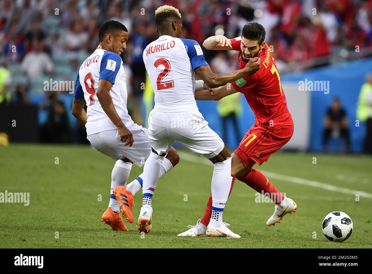 Panama's Gabriel Torres, Panama's Michael Murillo and Belgium's Yannick Carrasco fight for the ball during the first round soccer match between Belgian national soccer team the Red Devils and Panama in Group G of the FIFA World Cup 2018, in Sochi, Russia, Monday 18 June 2018. BELGA PHOTO DIRK WAEM Stock Photo
