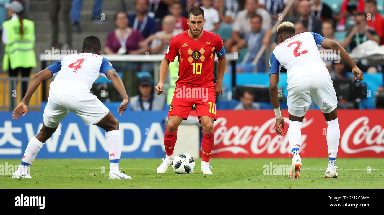 Panama's Fidel Escobar, Belgium's Eden Hazard and Panama's Michael Murillo fight for the ball during the first round soccer match between Belgian national soccer team the Red Devils and Panama in Group G of the FIFA World Cup 2018, in Sochi, Russia, Monday 18 June 2018. BELGA PHOTO BRUNO FAHY Stock Photo