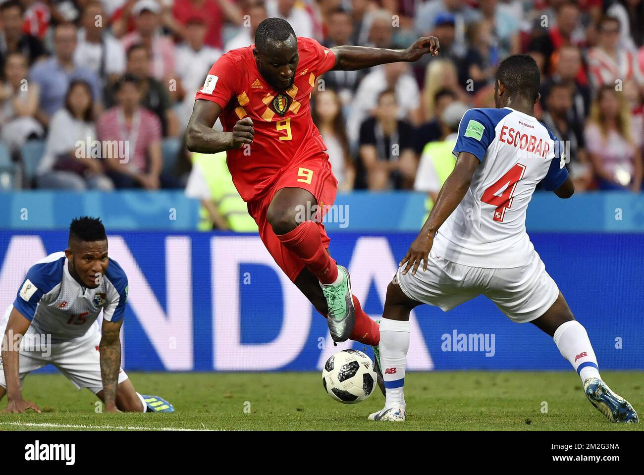 Belgium's Romelu Lukaku and Panama's Fidel Escobar fight for the ball during the first round soccer match between Belgian national soccer team the Red Devils and Panama in Group G of the FIFA World Cup 2018, in Sochi, Russia, Monday 18 June 2018. BELGA PHOTO DIRK WAEM Stock Photo