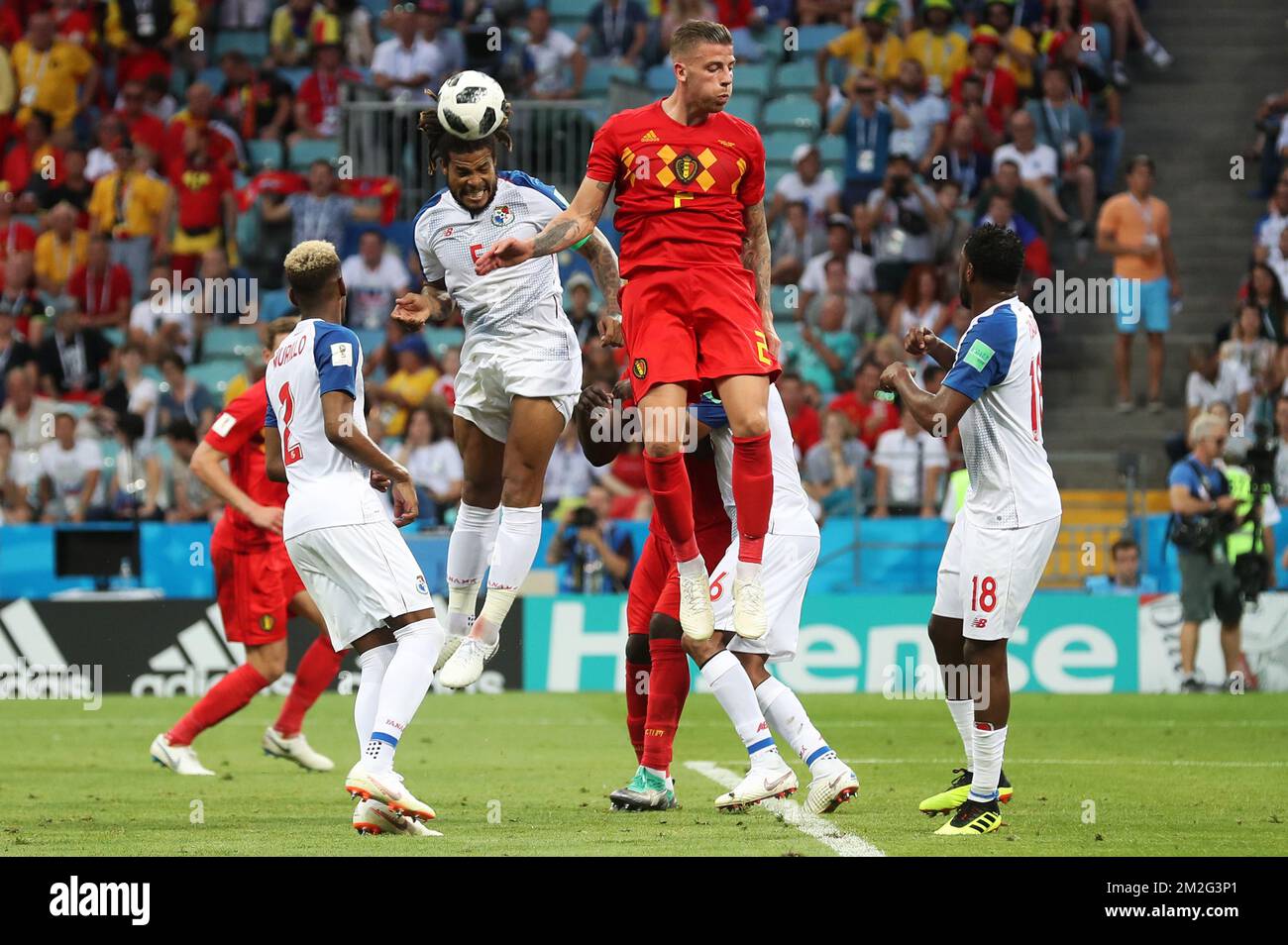 Panama's Roman Torres and Belgium's Toby Alderweireld fight for the ball during the first round soccer match between Belgian national soccer team the Red Devils and Panama in Group G of the FIFA World Cup 2018, in Sochi, Russia, Monday 18 June 2018. BELGA PHOTO BRUNO FAHY Stock Photo