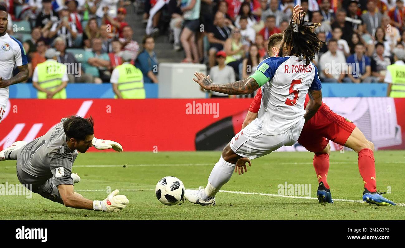 Panama's Jaime Penedo, Panama's Roman Torres and Belgium's Thomas Meunier fight for the ball during the first round soccer match between Belgian national soccer team the Red Devils and Panama in Group G of the FIFA World Cup 2018, in Sochi, Russia, Monday 18 June 2018. BELGA PHOTO DIRK WAEM Stock Photo