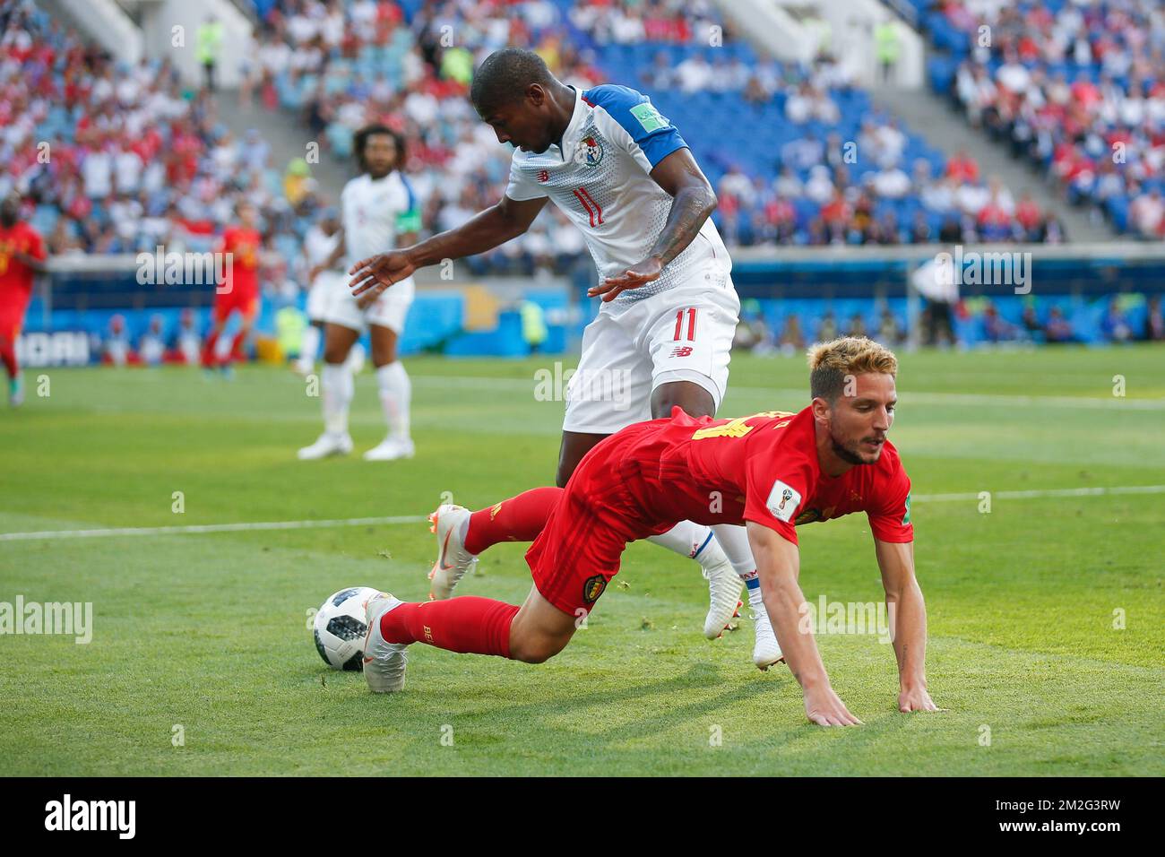 Panama's Armando Cooper and Belgium's Dries Mertens fight for the ball during the first round soccer match between Belgian national soccer team the Red Devils and Panama in Group G of the FIFA World Cup 2018, in Sochi, Russia, Monday 18 June 2018. BELGA PHOTO BRUNO FAHY Stock Photo