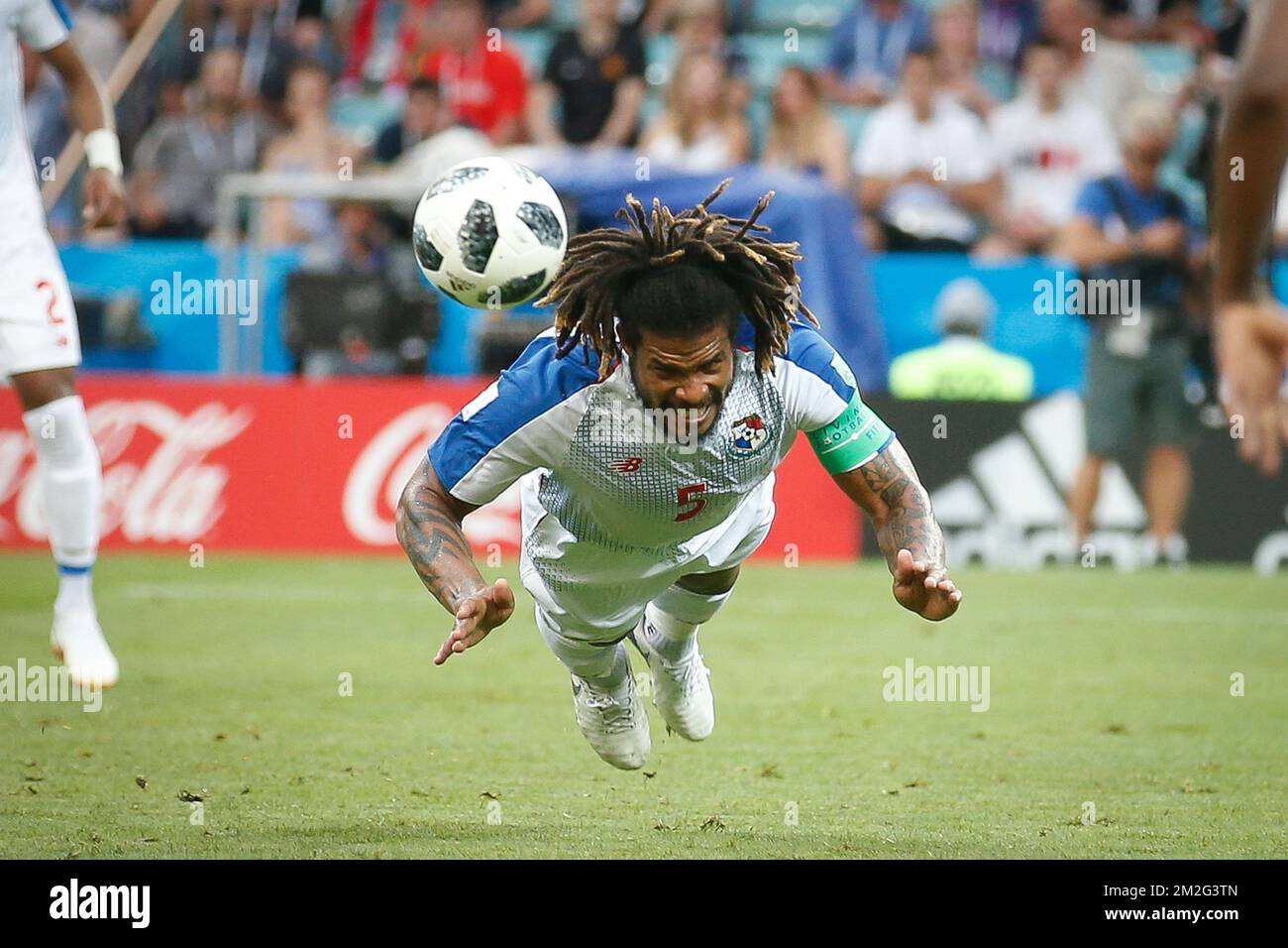 Panama's Roman Torres flies towards the ball during the first round soccer match between Belgian national soccer team the Red Devils and Panama in Group G of the FIFA World Cup 2018, in Sochi, Russia, Monday 18 June 2018. BELGA PHOTO BRUNO FAHY Stock Photo