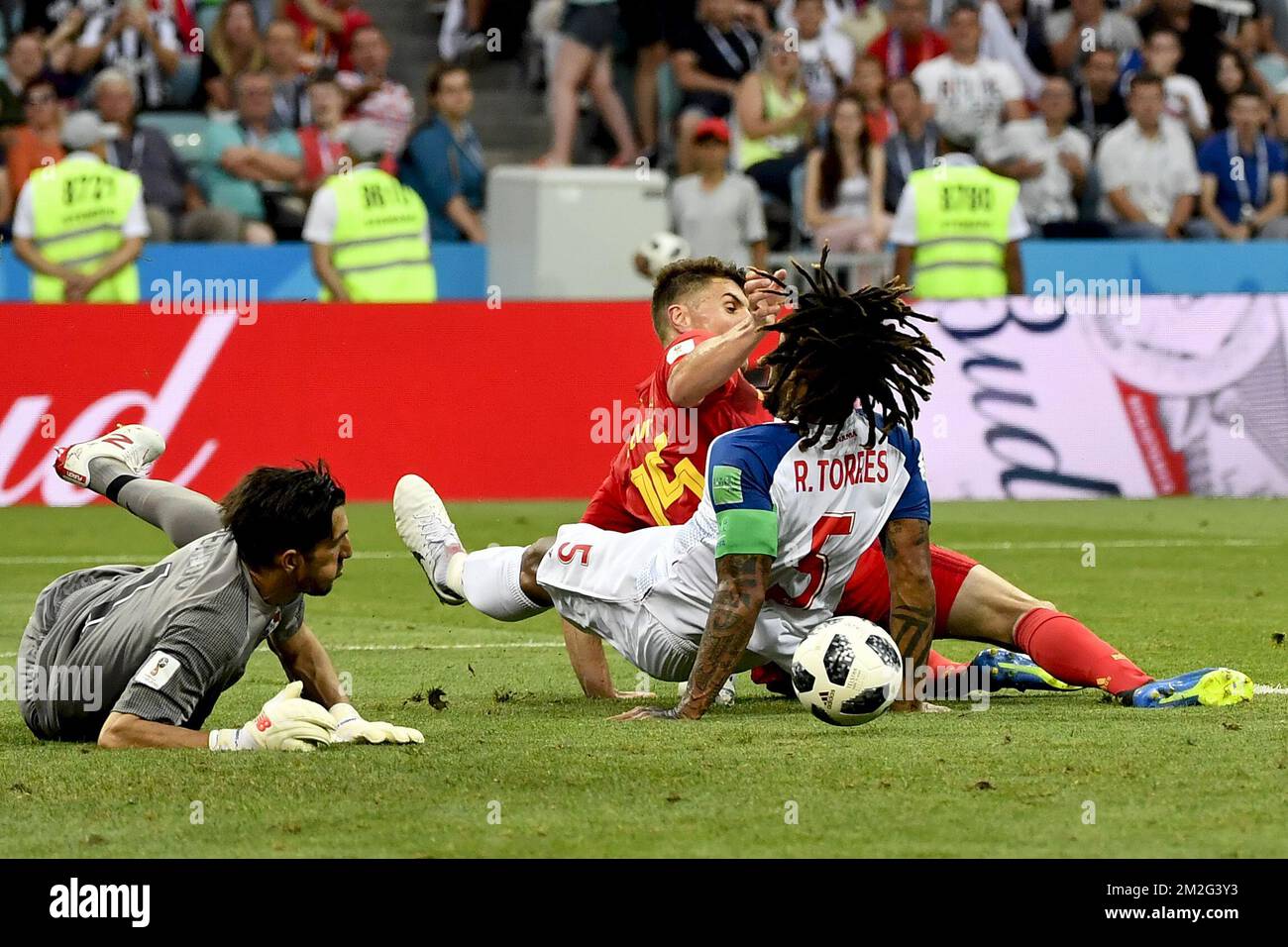 Panama's Jaime Penedo, Panama's Roman Torres and Belgium's Thomas Meunier pictured during the first round soccer match between Belgian national soccer team the Red Devils and Panama in Group G of the FIFA World Cup 2018, in Sochi, Russia, Monday 18 June 2018. BELGA PHOTO DIRK WAEM Stock Photo