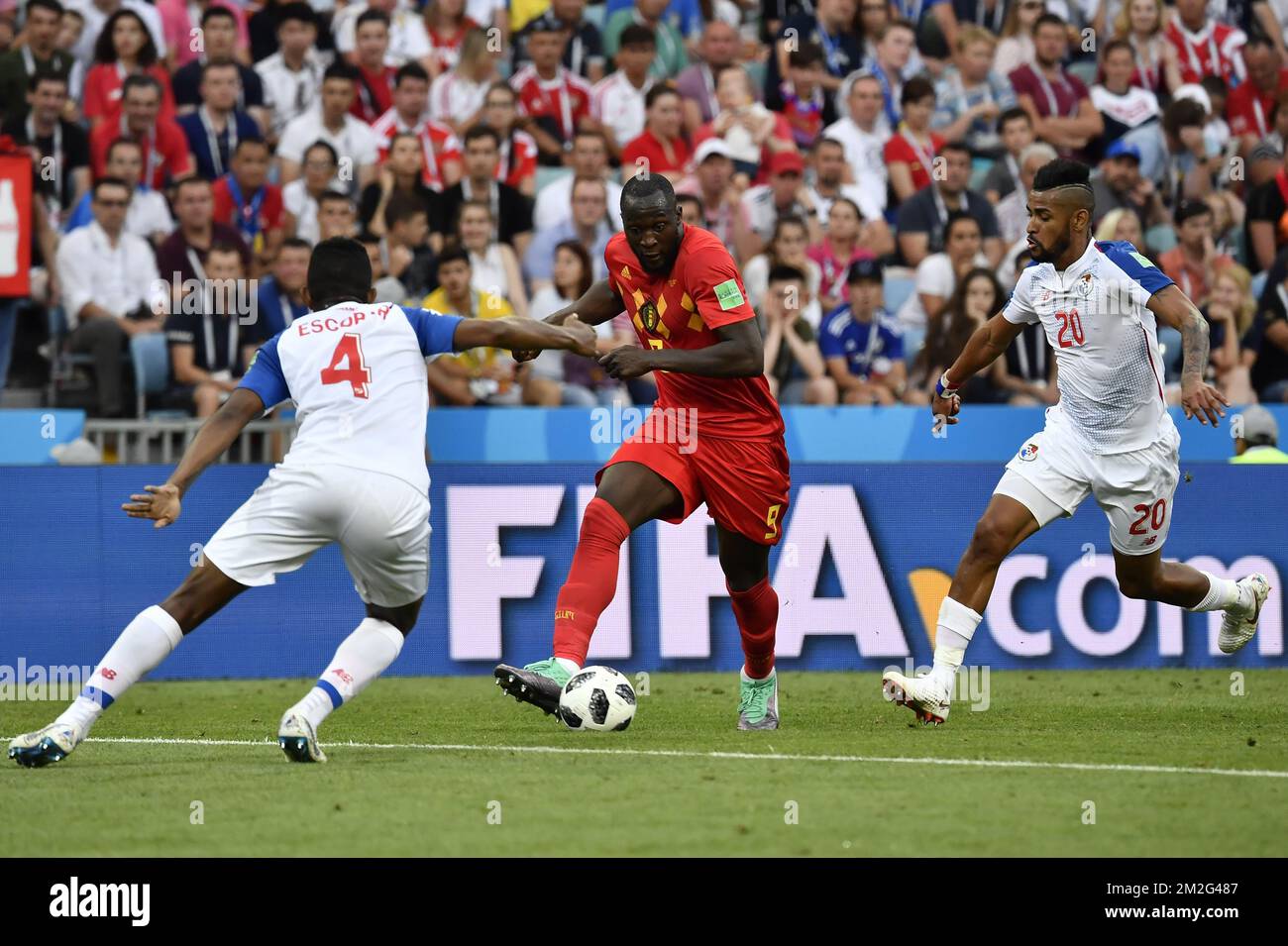 Panama's Fidel Escobar, Belgium's Romelu Lukaku and Panama's Anibal Godoy fight for the ball during the first round soccer match between Belgian national soccer team the Red Devils and Panama in Group G of the FIFA World Cup 2018, in Sochi, Russia, Monday 18 June 2018. BELGA PHOTO DIRK WAEM Stock Photo