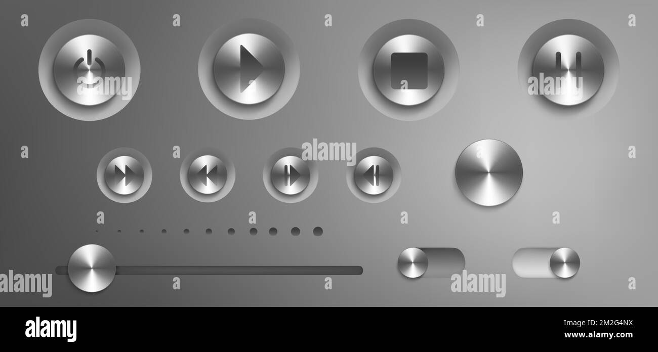 Music control panel with steel buttons, knobs, switch and volume slider. Vector realistic interface of audio or video application with silver buttons with play, stop, pause and power icons Stock Vector