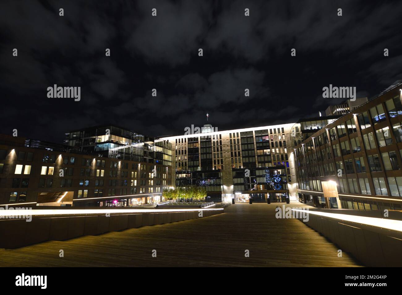 Queen's Marque waterfront development in downtown Halifax, Nova Scotia, Canada at night. Stock Photo