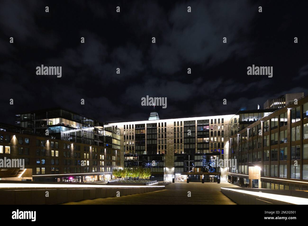 Queen's Marque waterfront development in downtown Halifax, Nova Scotia, Canada at night. Stock Photo