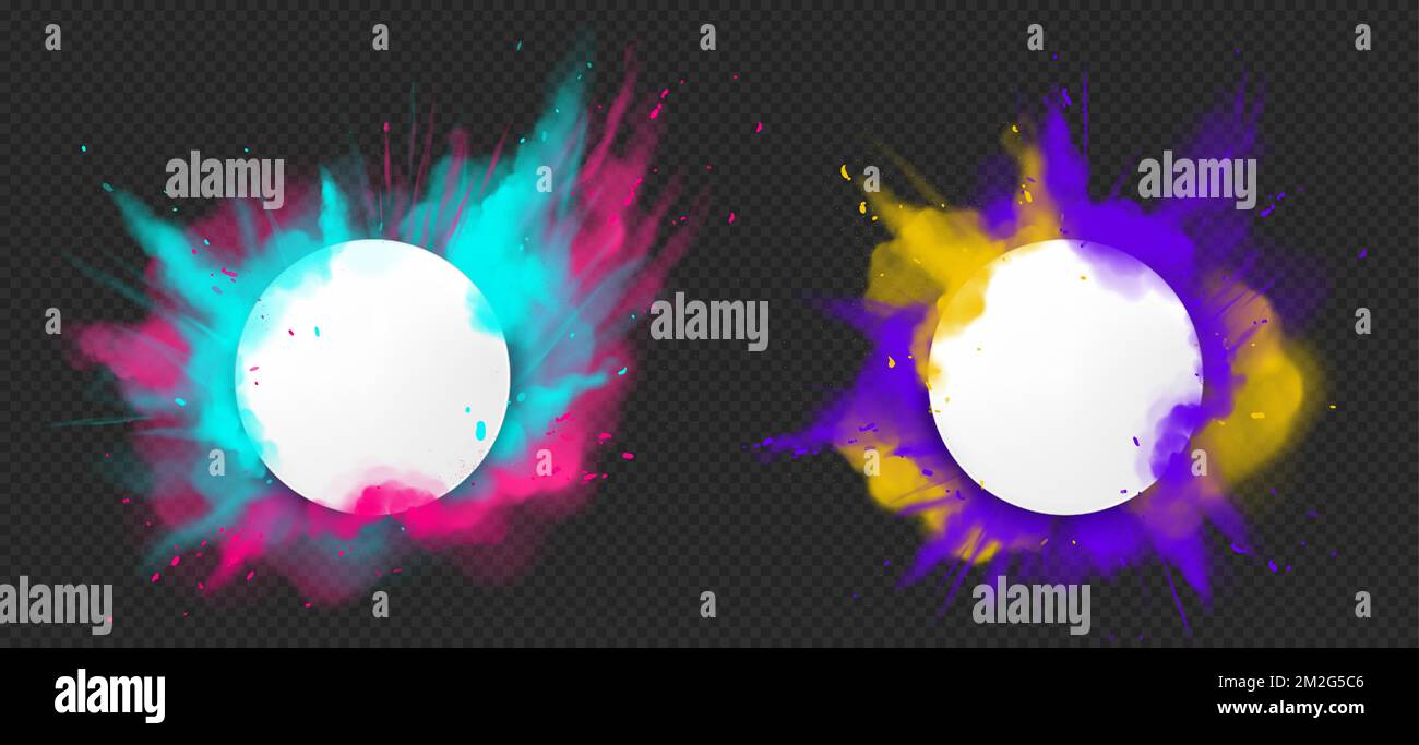 Color powder explosions. Splash of paint dust with white round banner. Vector realistic clouds of colorful powder, burst effect with copy space for text isolated on transparent background Stock Vector