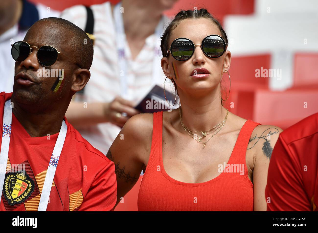 Witsel's father Thierry and Witsel's wife Rafaella Szabo pictured in the  stands ahead of the second game of Belgian national soccer team the Red  Devils against Tunisia national team in the Spartak