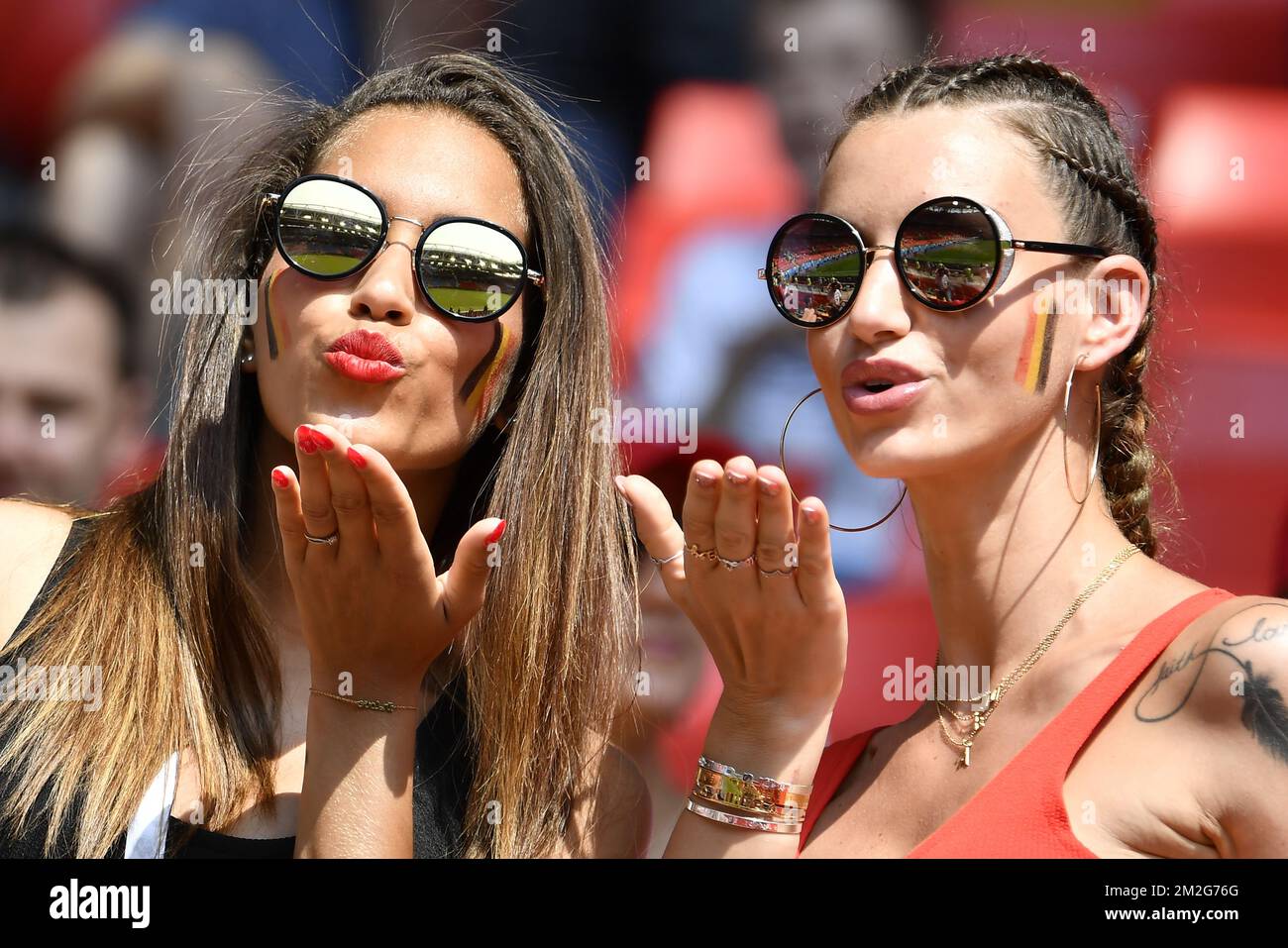 Witsel's sister Withney and Witsel's wife Rafaella Szabo pictured in the stands ahead of the second game of Belgian national soccer team the Red Devils against Tunisia national team in the Spartak stadium, in Moscow, Russia, Saturday 23 June 2018. Belgium won its first group phase game. BELGA PHOTO Stock Photo