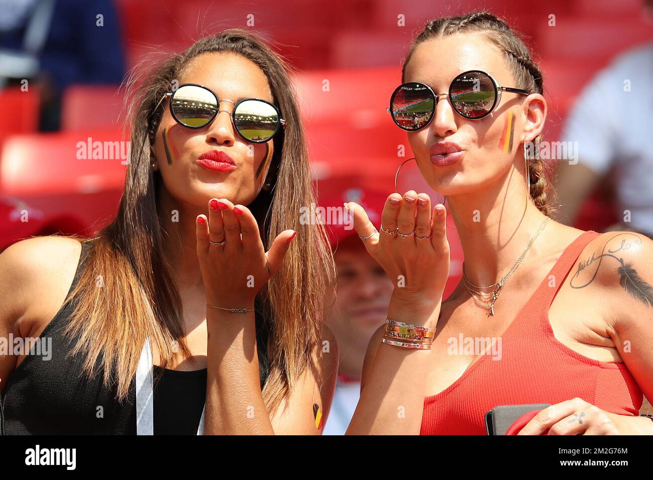 Witsel's sister Withney and Witsel's wife Rafaella Szabo pictured in the stands ahead of the second game of Belgian national soccer team the Red Devils against Tunisia national team in the Spartak stadium, in Moscow, Russia, Saturday 23 June 2018. Belgium won its first group phase game. BELGA PHOTO Stock Photo