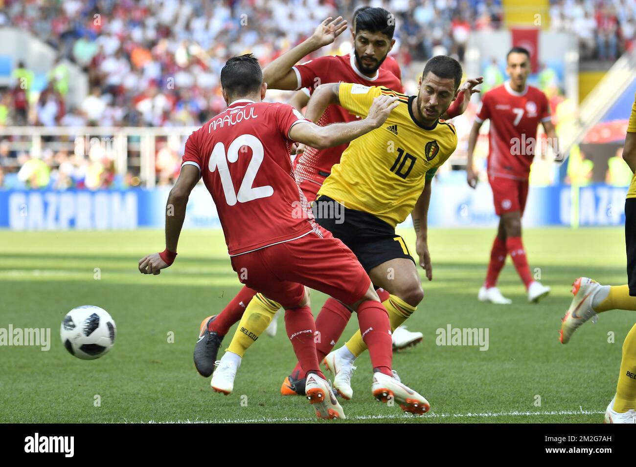 Tunesia's Ali Maaloul and Belgium's Eden Hazard fight for the ball during the second game of Belgian national soccer team the Red Devils against Tunisia national team in the Spartak stadium, in Moscow, Russia, Saturday 23 June 2018. Belgium won its first group phase game. BELGA PHOTO DIRK WAEM Stock Photo