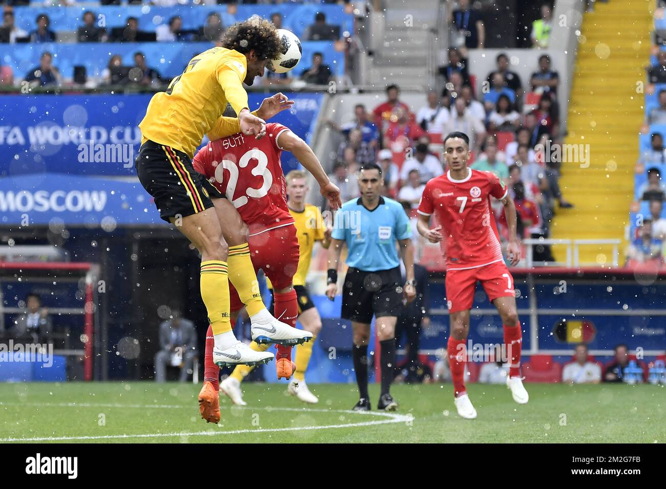 Belgium's Marouane Fellaini and Tunesia's Naim Sliti fight for the ball during the second game of Belgian national soccer team the Red Devils against Tunisia national team in the Spartak stadium, in Moscow, Russia, Saturday 23 June 2018. Belgium won its first group phase game. BELGA PHOTO DIRK WAEM Stock Photo