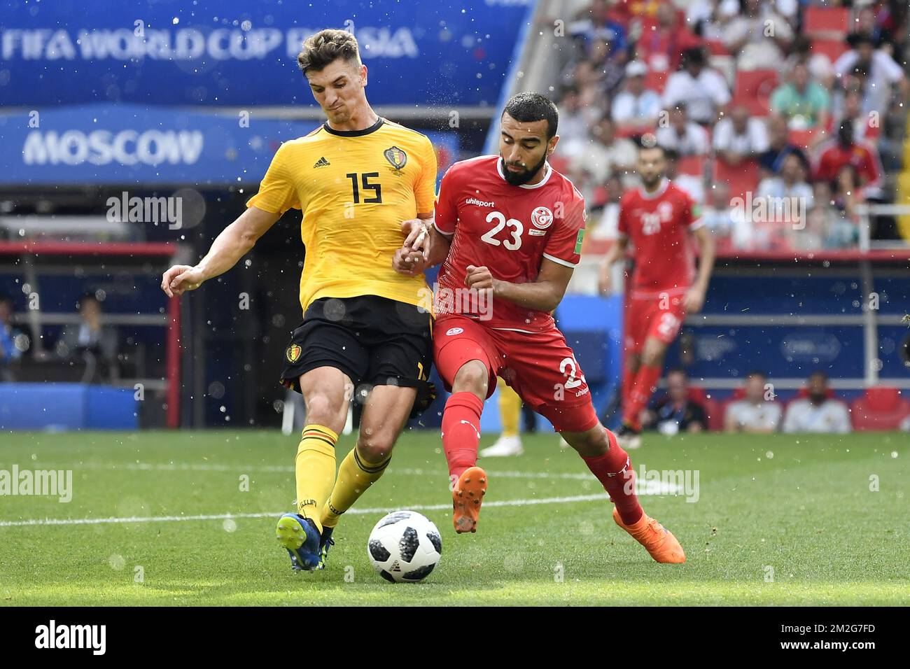 Belgium's Thomas Meunier and Tunesia's Naim Sliti fight for the ball during the second game of Belgian national soccer team the Red Devils against Tunisia national team in the Spartak stadium, in Moscow, Russia, Saturday 23 June 2018. Belgium won its first group phase game. BELGA PHOTO DIRK WAEM Stock Photo