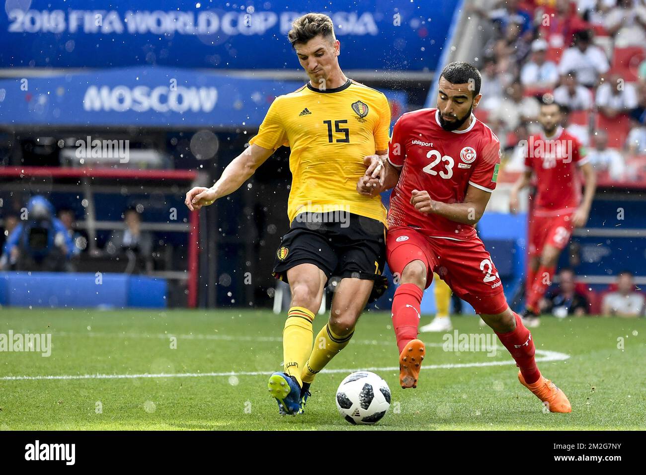 Belgium's Thomas Meunier and Tunesia's Naim Sliti fight for the ball during the second game of Belgian national soccer team the Red Devils against Tunisia national team in the Spartak stadium, in Moscow, Russia, Saturday 23 June 2018. Belgium won its first group phase game. BELGA PHOTO DIRK WAEM Stock Photo