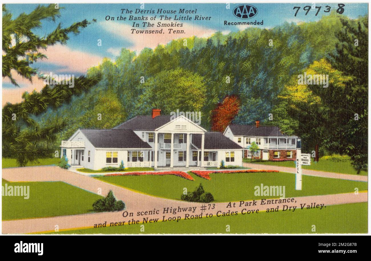 The Derris House Motel, on the Banks of the Little River, in the Smokies, Townsend, Tenn., on scenic Highway #73, at park entrance, and near the New Loop Road to Cades Cove and Dry Valley. , Motels, Tichnor Brothers Collection, postcards of the United States Stock Photo