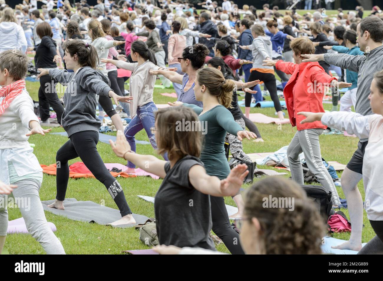 5th yogaday in Brussels | Cinquieme yoga day au bois de la Cambre a Bruxelles. Plusieurs centaines d'amateurs et debutants pratriquent ensemble differentes postures de yoga. 24/06/2018 Stock Photo