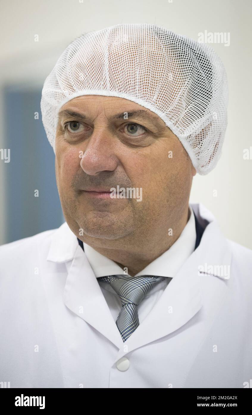 Walloon Minister President Willy Borsus pictured during a visit to meat processing firm Koutoubia in Mohammedia, on the second day of a mission with Walloon minister-president Borsus to Morocco, Tuesday 26 June 2018. BELGA PHOTO BENOIT DOPPAGNE Stock Photo