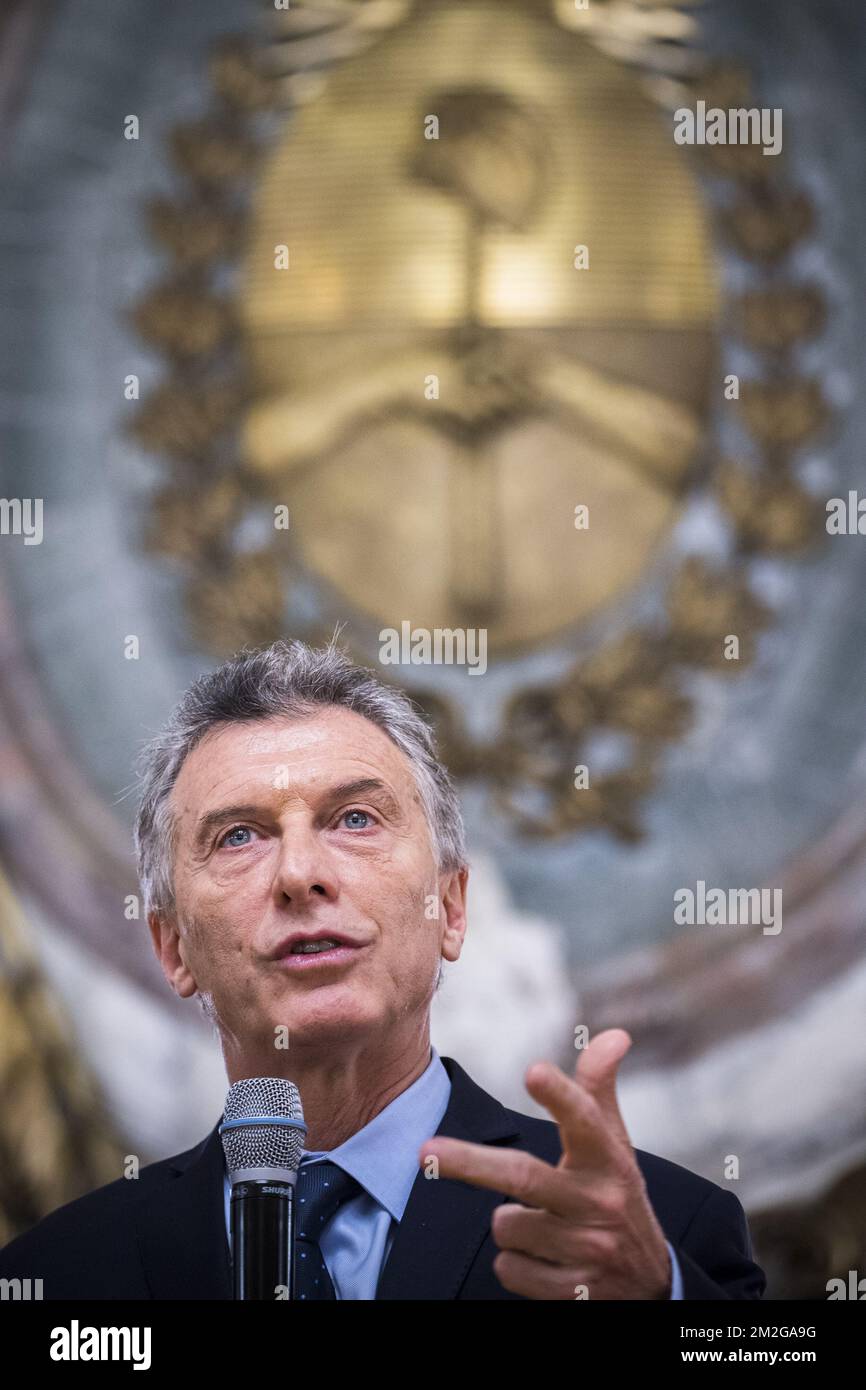 President of Argentina Mauricio Macri pictured during a meeting with the President of Argentina on the second day of a Belgian Economic mission to Argentina, Tuesday 26 June 2018 in Buenos Aires, Argentina. Several federal and regional ministers accompany the princess on a week-long economic mission to Argentina and Uruguay. BELGA PHOTO LAURIE DIEFFEMBACQ Stock Photo