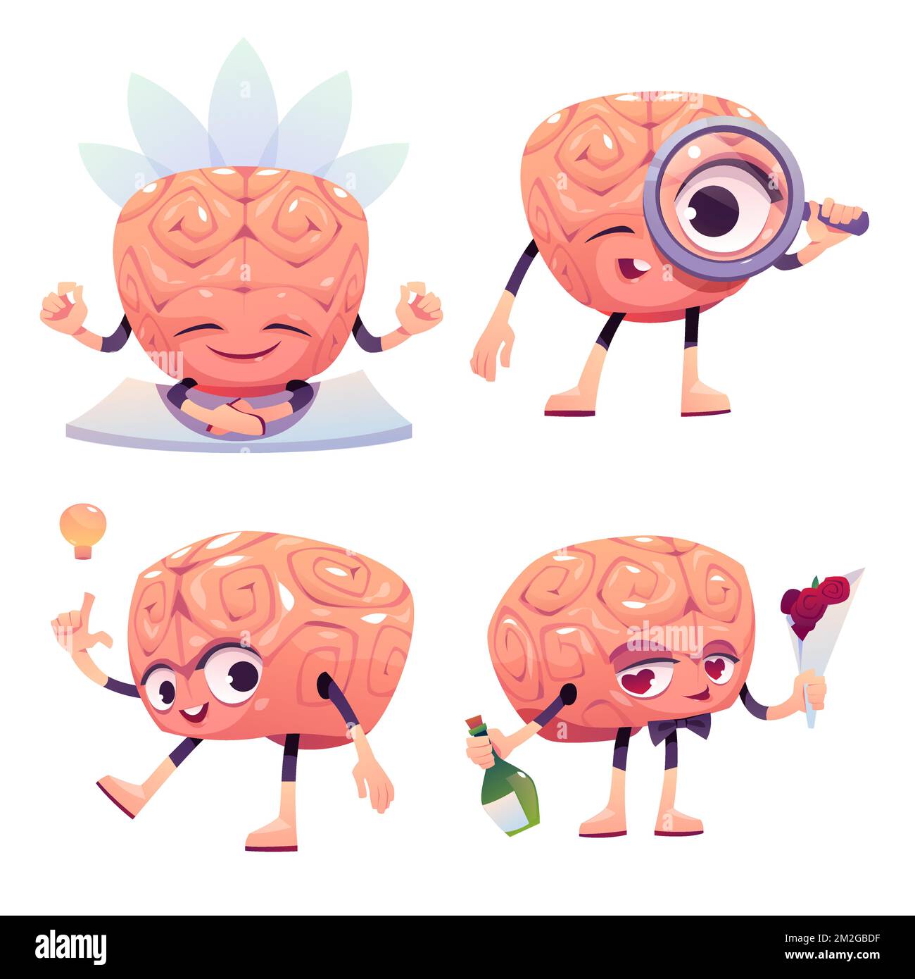 Brain characters, cute cartoon mascot with funny face meditating in lotus pose, have creative idea, dating and look in magnifying glass. Relaxed, happy, curious emotions. isolated vector icons set Stock Vector