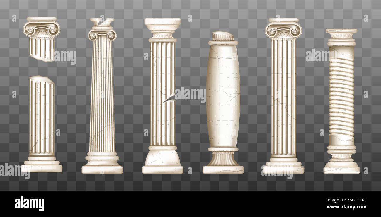 Ancient roman columns, marble baroque architecture. Vector realistic old broken antique greek pillars with capitals in doric, corinthian, ionic and tuscan style isolated on transparent background Stock Vector