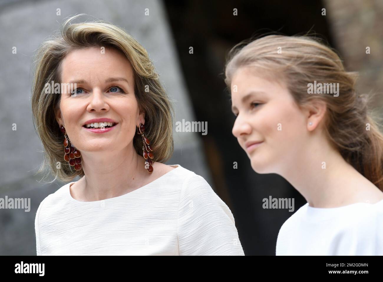 Queen Mathilde of Belgium and Crown Princess Elisabeth pictured during a photoshoot of the Belgian Royal Family's vacation at the Villers Abbey in Villers-la-Ville, Sunday 24 June 2018. BELGA PHOTO POOL FREDERIC SIERAKOWSKI  Stock Photo