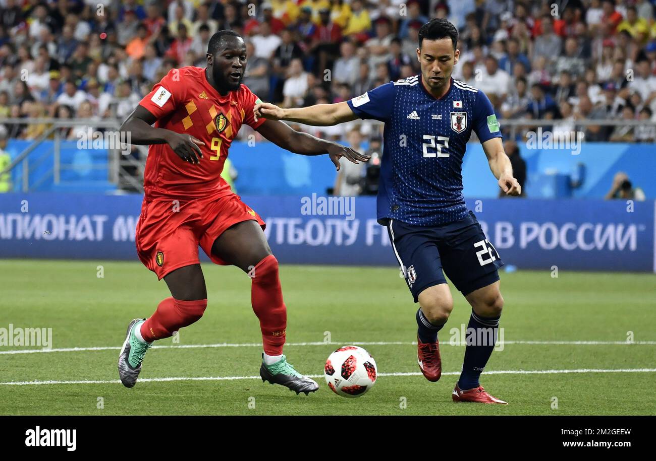 Belgium's Romelu Lukaku and Japan's Maya Yoshida fight for the ball during a round of 16 game between Belgian national soccer team the Red Devils and Japan in Rostov, Russia, Monday 02 July 2018. BELGA PHOTO LAURIE DIEFFEMBACQ Stock Photo