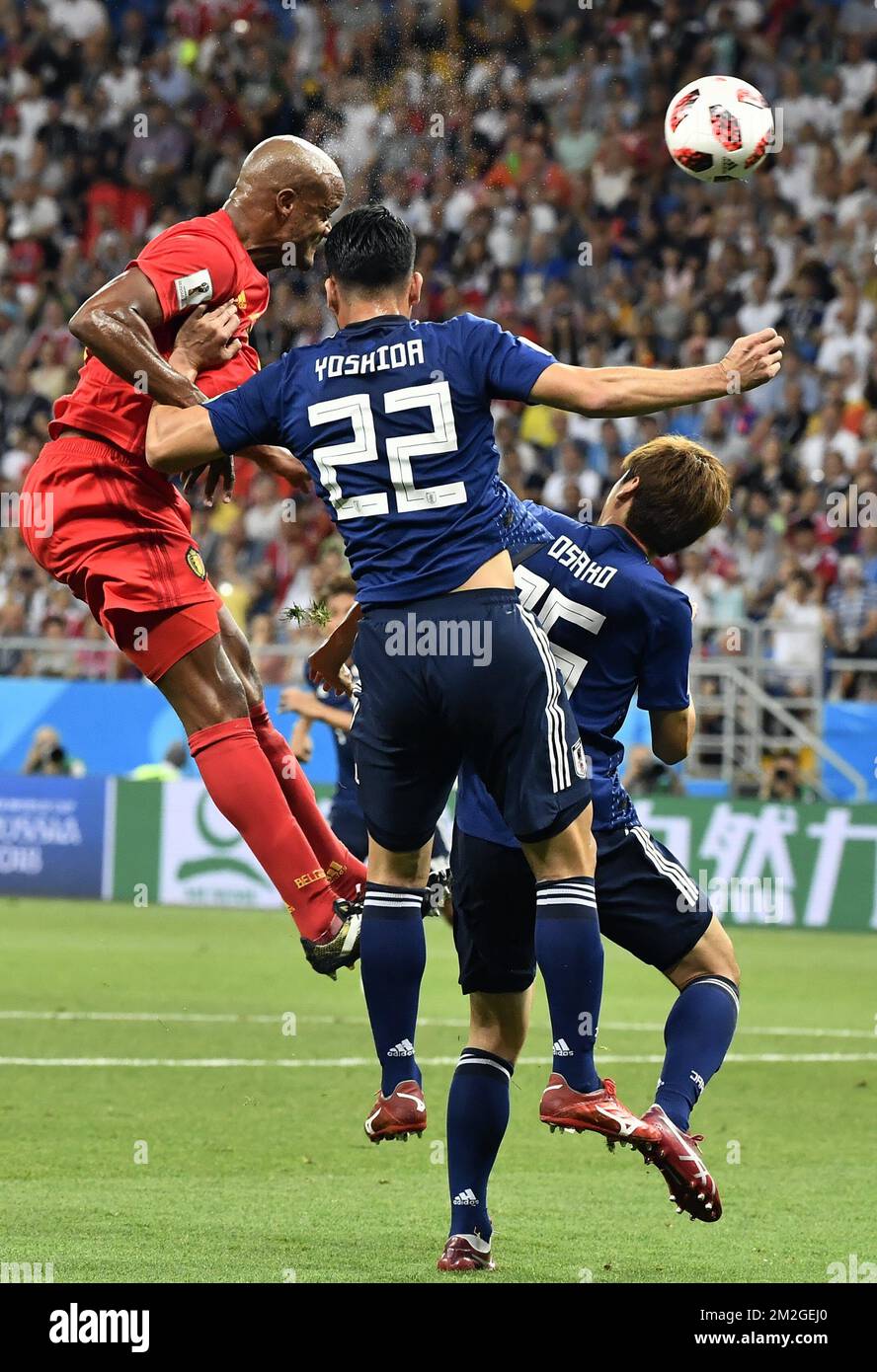 Belgium's Vincent Kompany and Japan's Maya Yoshida fight for the ball during a round of 16 game between Belgian national soccer team the Red Devils and Japan in Rostov, Russia, Monday 02 July 2018. BELGA PHOTO DIRK WAEM Stock Photo