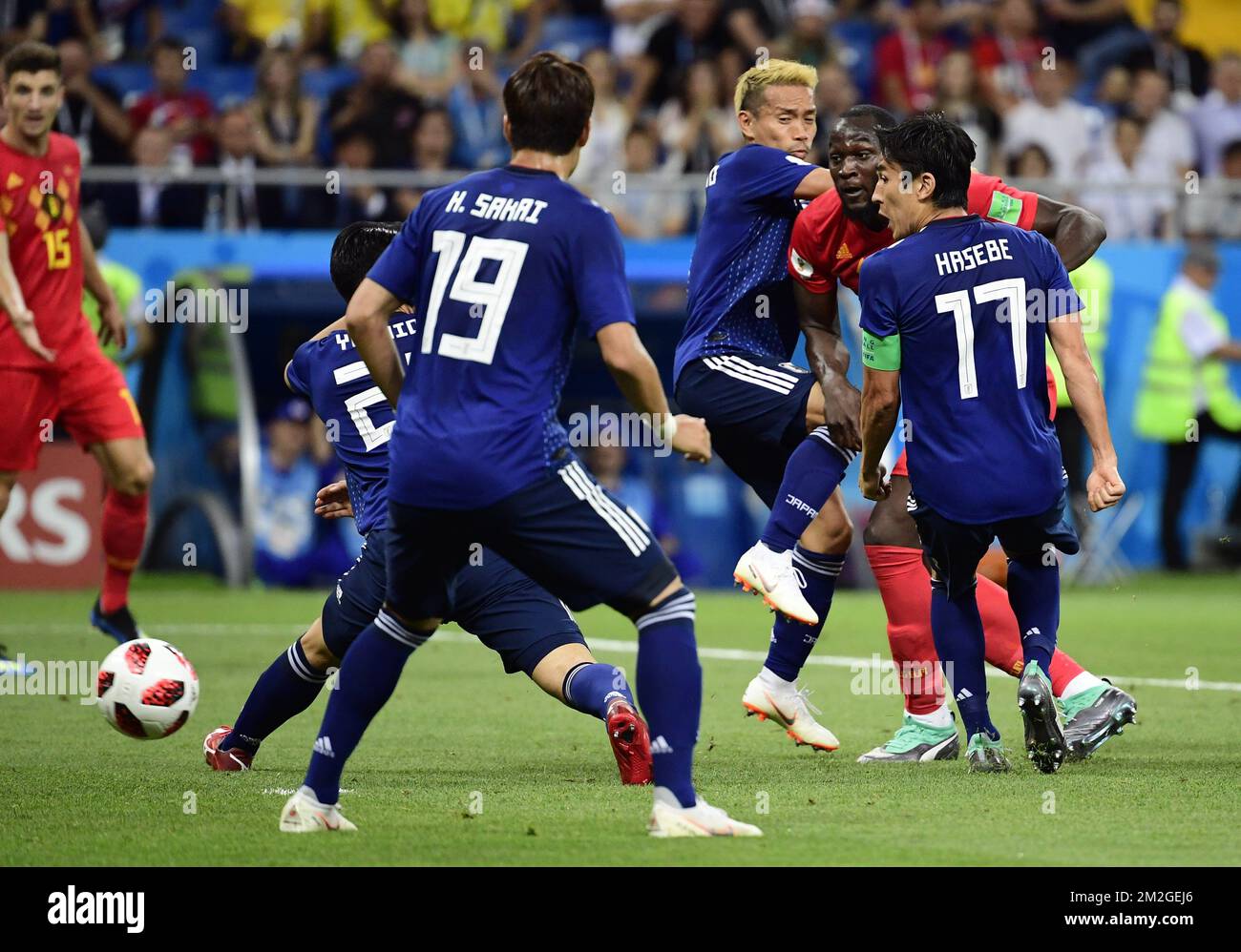 Belgium's Romelu Lukaku and Japan's captain Makoto Hasebe pictured in action during a round of 16 game between Belgian national soccer team the Red Devils and Japan in Rostov, Russia, Monday 02 July 2018. BELGA PHOTO LAURIE DIEFFEMBACQ Stock Photo