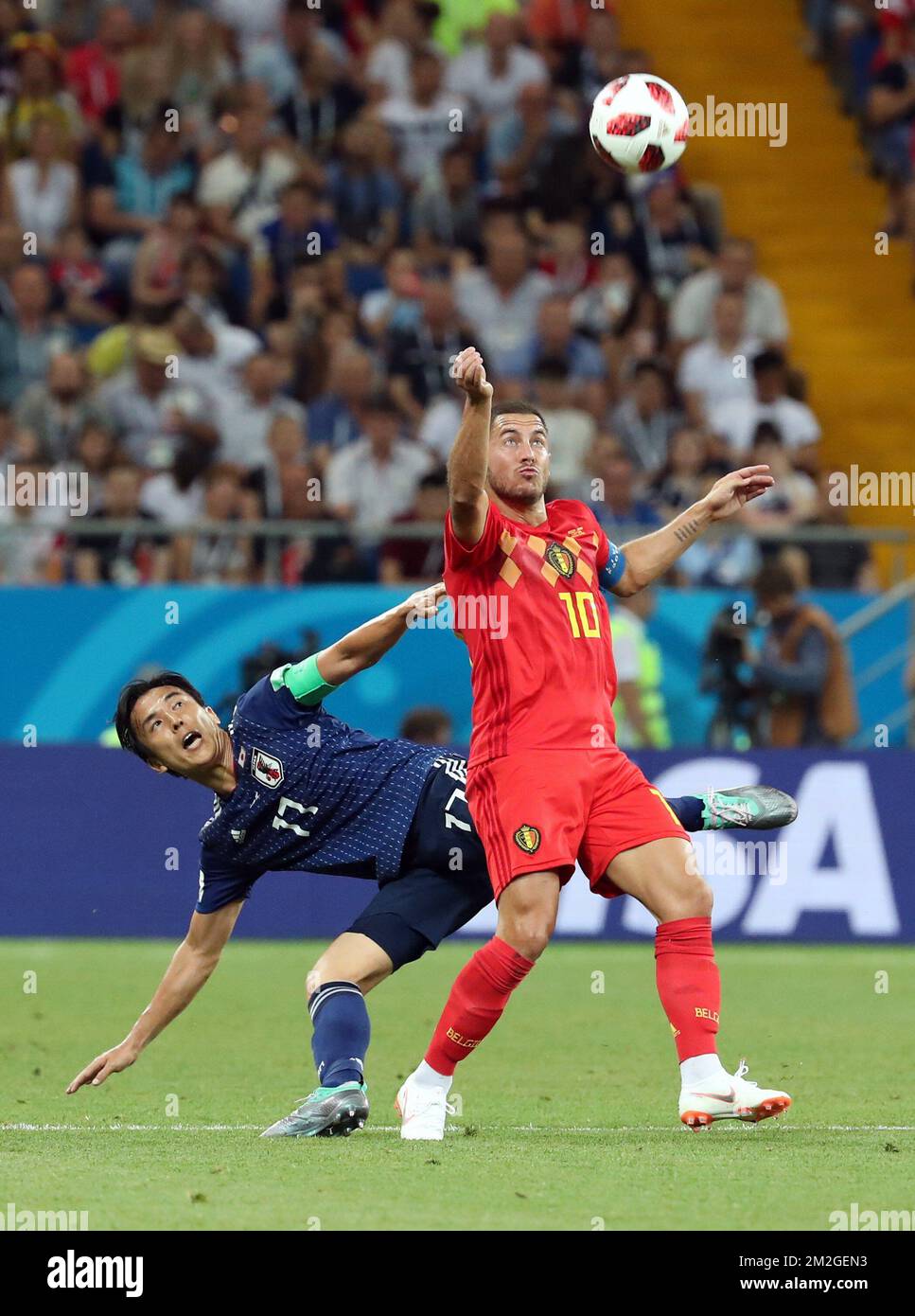 Japan's captain Makoto Hasebe and Belgium's Eden Hazard fight for the ball during a round of 16 game between Belgian national soccer team the Red Devils and Japan in Rostov, Russia, Monday 02 July 2018. BELGA PHOTO BRUNO FAHY Stock Photo