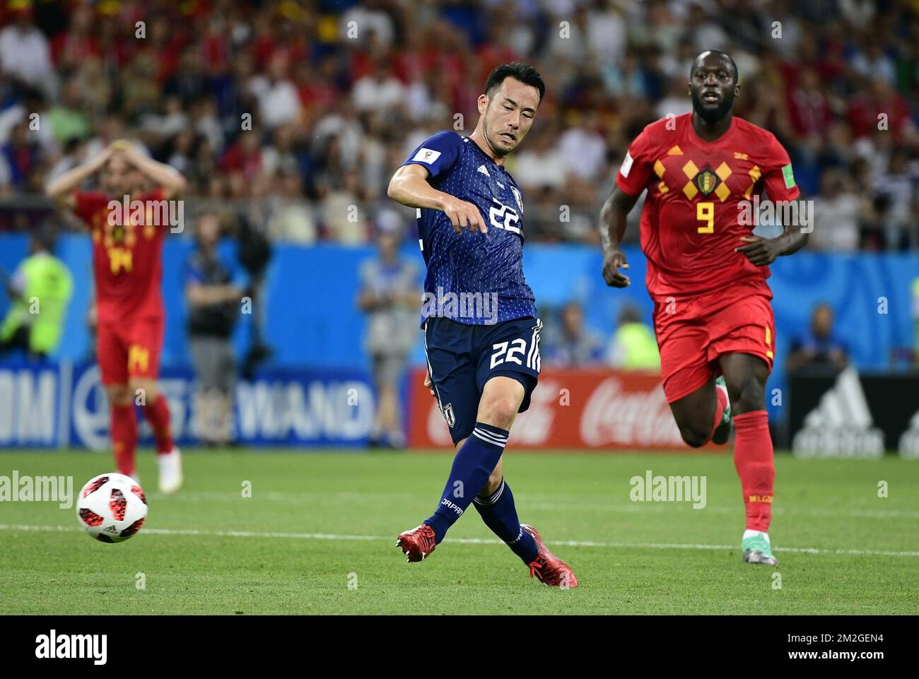Japan's Maya Yoshida and Belgium's Romelu Lukaku fight for the ball during a round of 16 game between Belgian national soccer team the Red Devils and Japan in Rostov, Russia, Monday 02 July 2018. BELGA PHOTO LAURIE DIEFFEMBACQ Stock Photo
