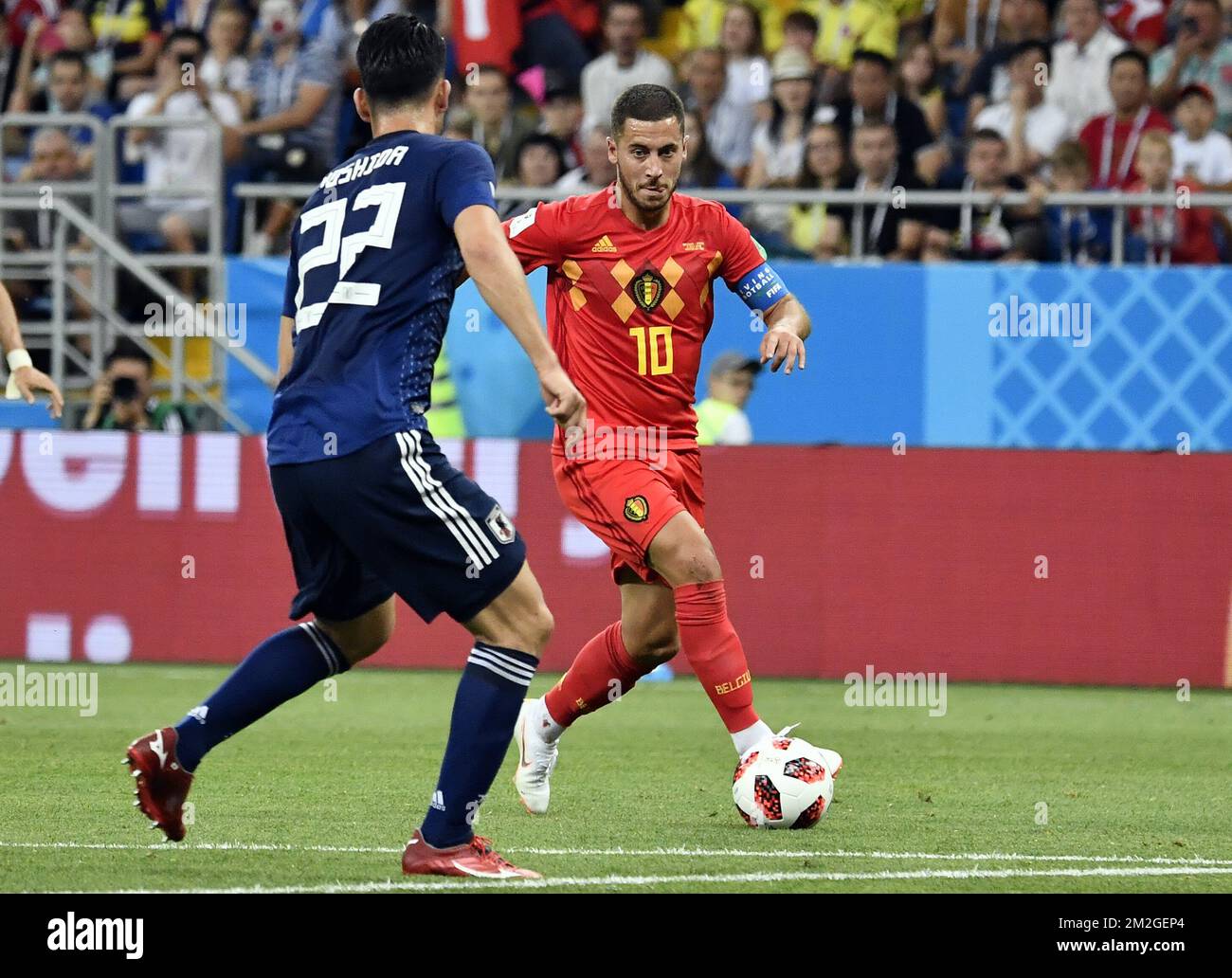 Japan's Maya Yoshida and Belgium's Eden Hazard fight for the ball during a round of 16 game between Belgian national soccer team the Red Devils and Japan in Rostov, Russia, Monday 02 July 2018. BELGA PHOTO DIRK WAEM Stock Photo