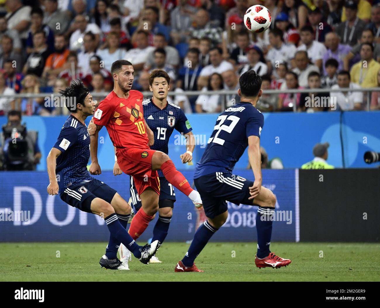 Belgium's Eden Hazard and Japan's Maya Yoshida fight for the ball during a round of 16 game between Belgian national soccer team the Red Devils and Japan in Rostov, Russia, Monday 02 July 2018. BELGA PHOTO DIRK WAEM Stock Photo