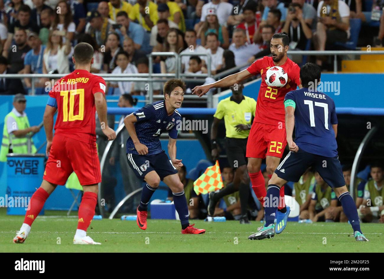 Belgium's Nacer Chadli and Japan's captain Makoto Hasebe pictured in action during a round of 16 game between Belgian national soccer team the Red Devils and Japan in Rostov, Russia, Monday 02 July 2018. BELGA PHOTO BRUNO FAHY Stock Photo