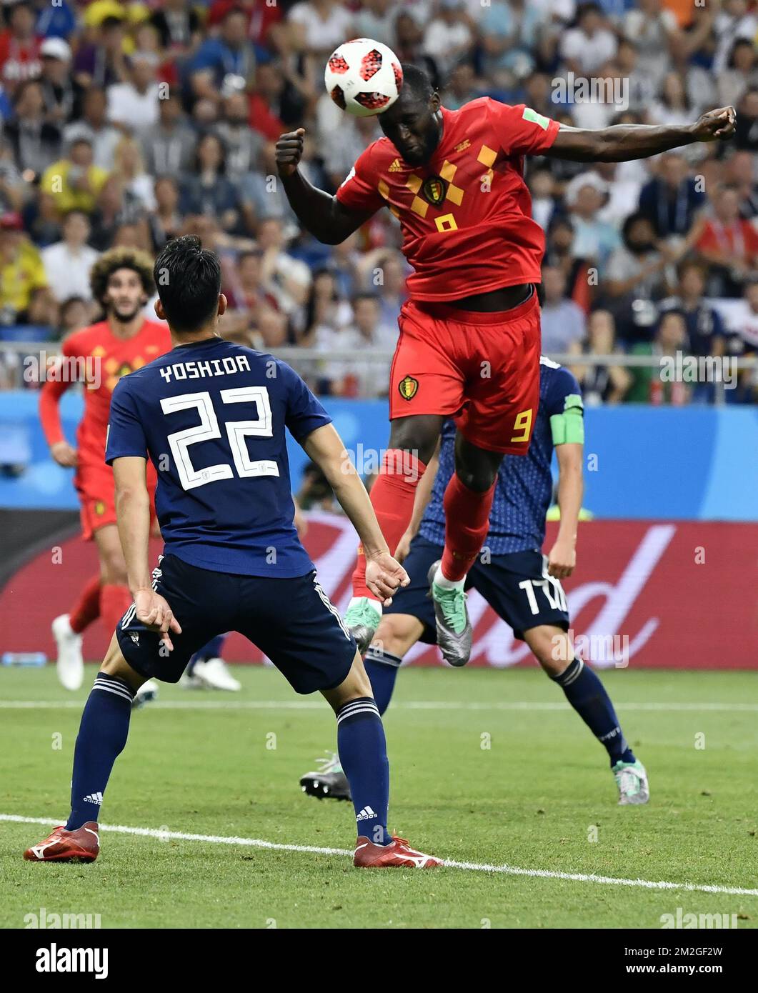 Japan's Maya Yoshida and Belgium's Romelu Lukaku fight for the ball during a round of 16 game between Belgian national soccer team the Red Devils and Japan in Rostov, Russia, Monday 02 July 2018. BELGA PHOTO DIRK WAEM Stock Photo