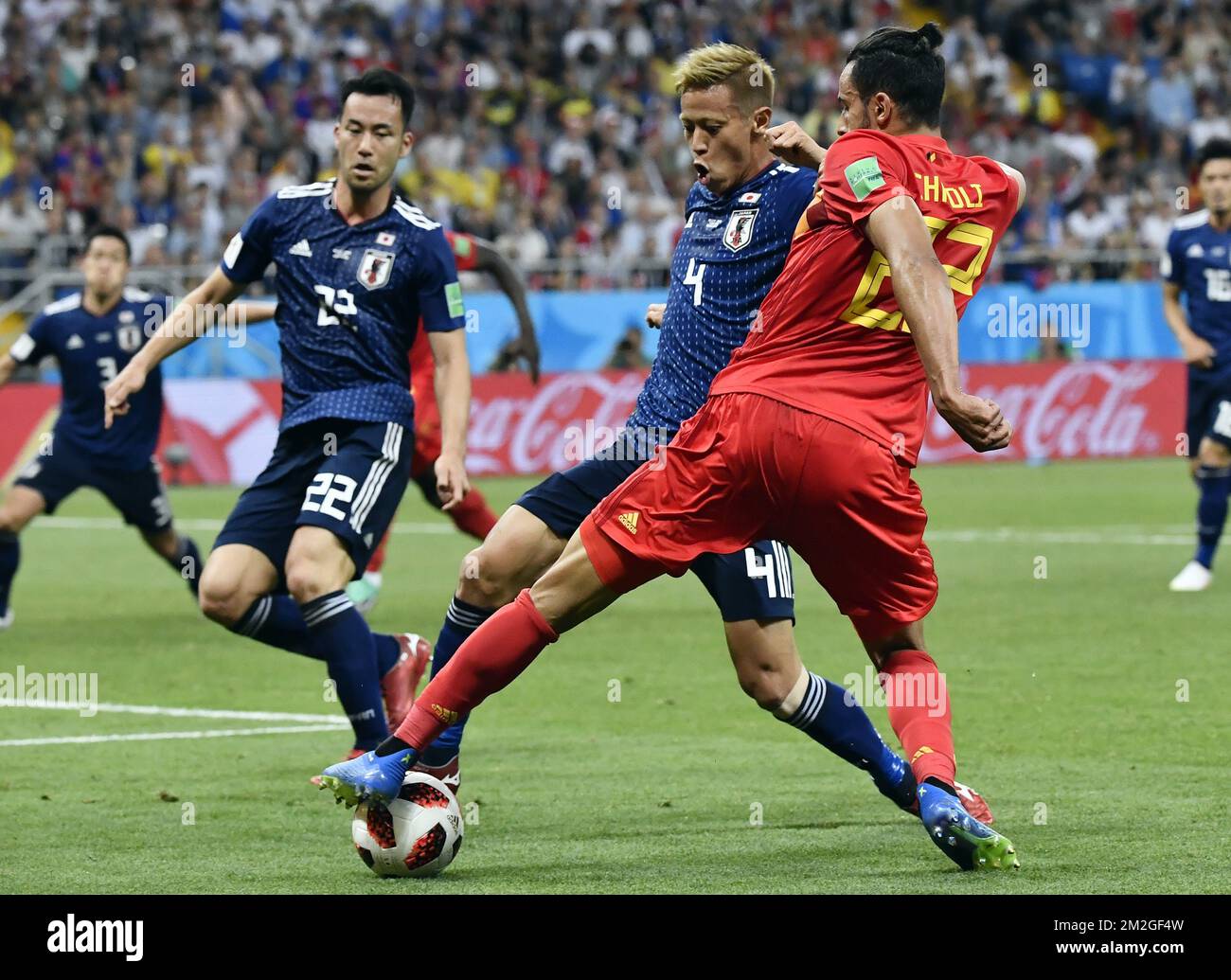 Japan's Keisuke Honda and Belgium's Nacer Chadli fight for the ball during a round of 16 game between Belgian national soccer team the Red Devils and Japan in Rostov, Russia, Monday 02 July 2018. BELGA PHOTO DIRK WAEM Stock Photo
