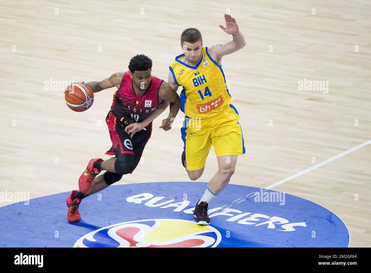 Belgium's Loic Schwartz and Bosnia's Almir Hasandic fight for the ball during basketball game between Belgium's Belgian Lions and Bosnia & Herzegovina, the sixth and last qualification game for world cup 2019 in the group E, Monday 02 July 2018 in Merksem, Antwerp. BELGA PHOTO JASPER JACOBS Stock Photo
